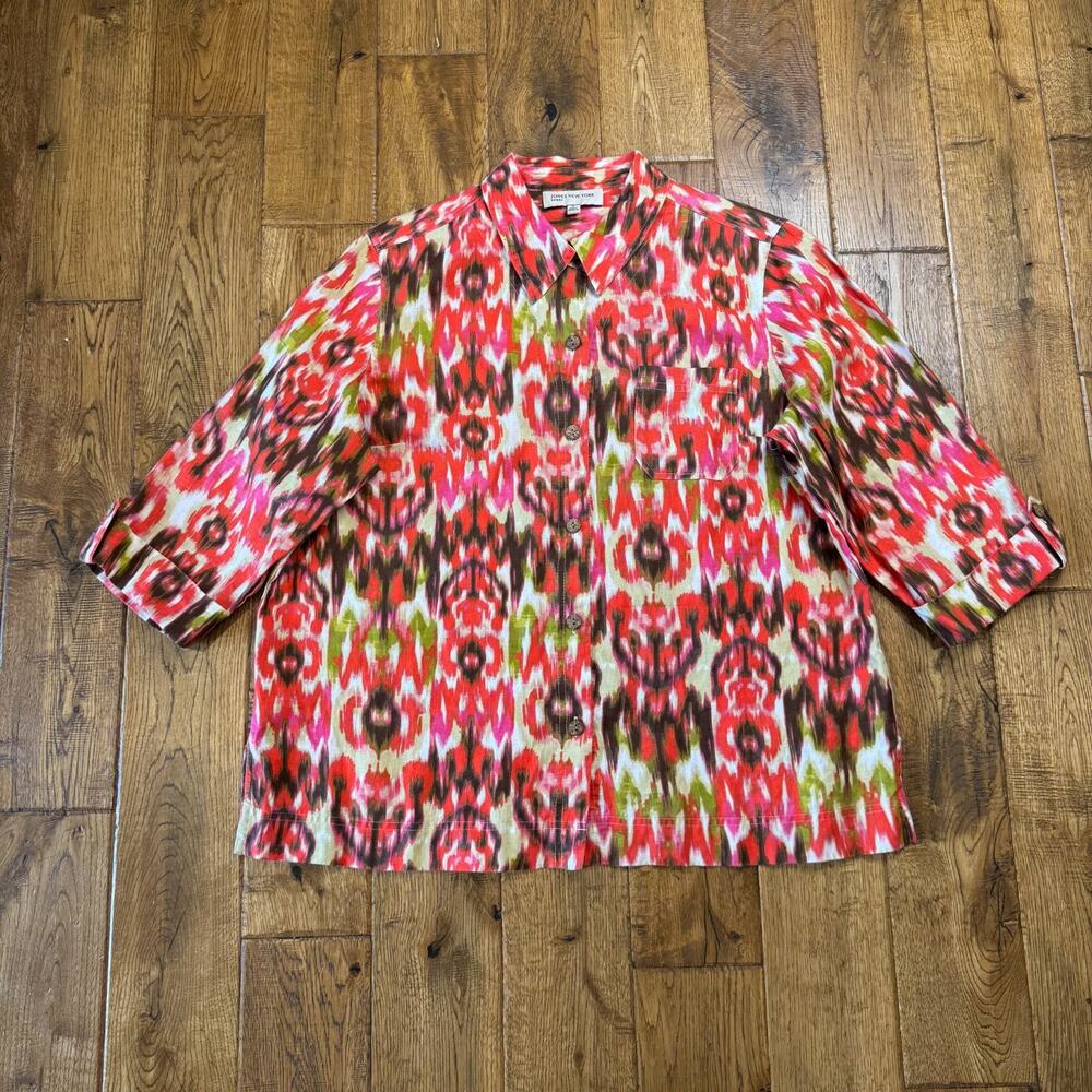 Jones New York Sport 100% Linen Blouse XL and Pants L Orange Green Button Up - Picture 9 of 14